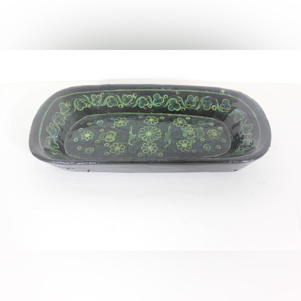 Vintage Kashmir Lacquered Wood Bowl Handmade Hand Painted Floral Leaf Bird Black